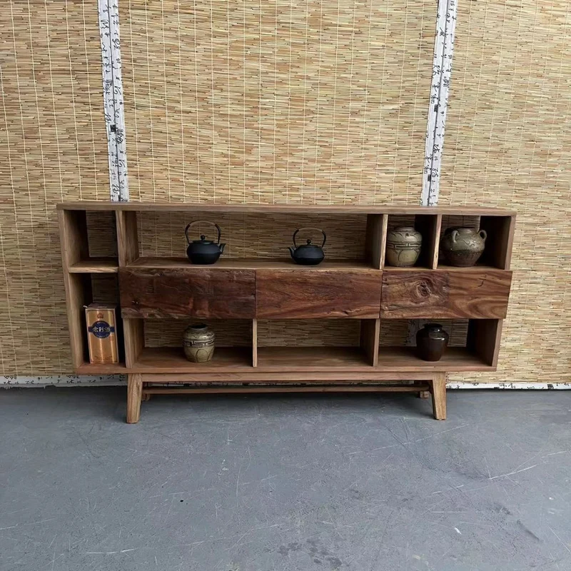 Traditional Vintage Camphor Wood Rectangular Console Table Shelf 2-Tier Drawer For Entryway