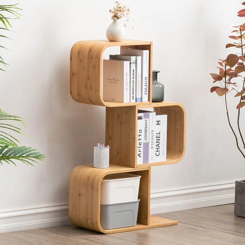 Modern Simplicity Bamboo Curved S-Shaped Square Bookshelves 2/3/4/5 Tiers For Living Room