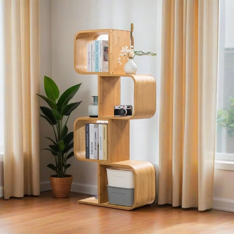 Modern Simplicity Bamboo Curved S-Shaped Square Bookshelves 2/3/4/5 Tiers For Living Room