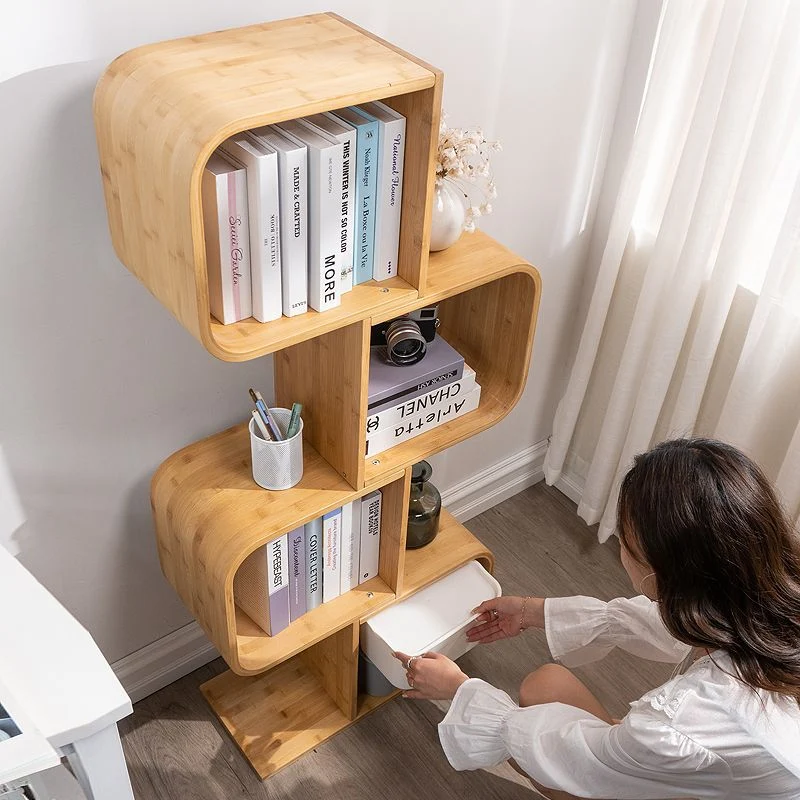 Modern Simplicity Bamboo Curved S-Shaped Square Bookshelves 2/3/4/5 Tiers For Living Room