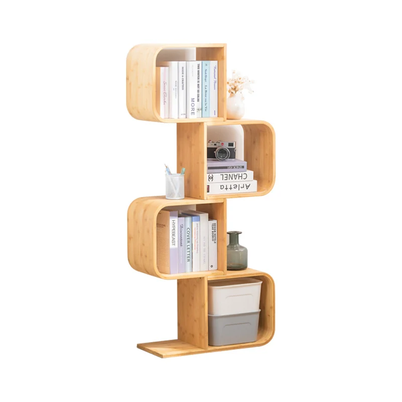 Modern Simplicity Bamboo Curved S-Shaped Square Bookshelves 2/3/4/5 Tiers For Living Room