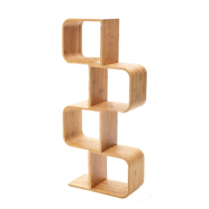 Modern Simplicity Bamboo Curved S-Shaped Square Bookshelves 2/3/4/5 Tiers For Living Room