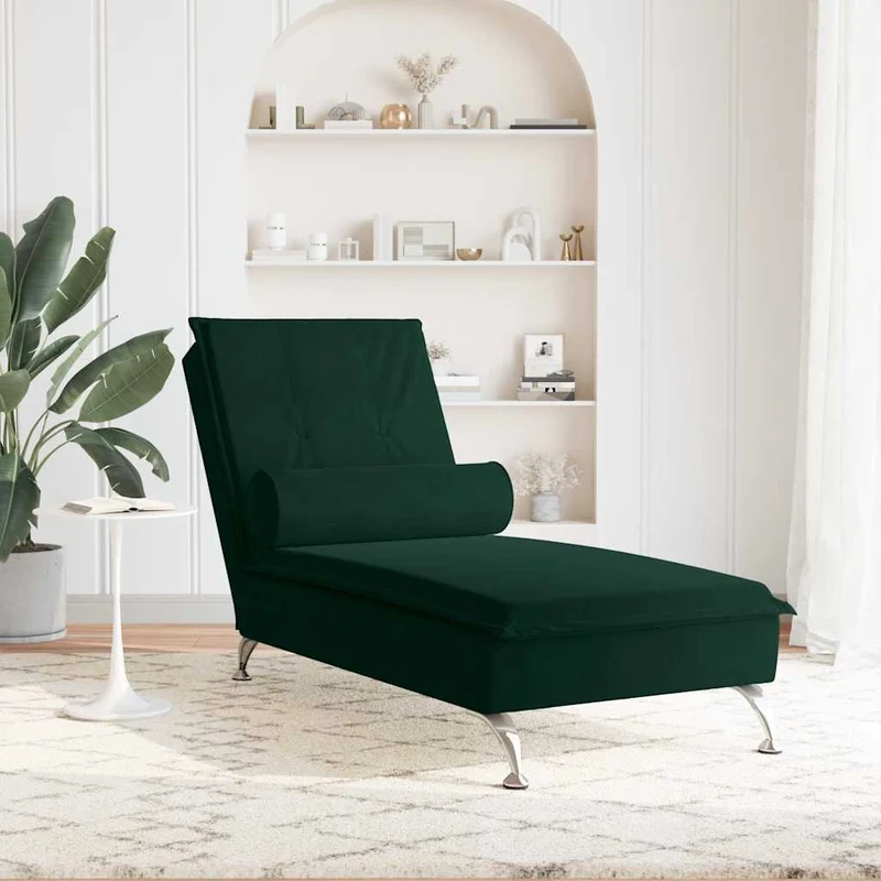 Chaise lounge de massagem com rolo tecido verde-escuro