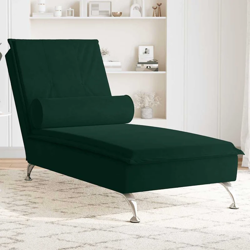 Chaise lounge de massagem com rolo tecido verde-escuro