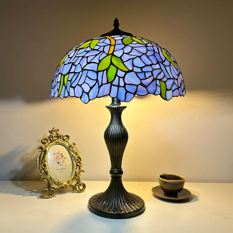 Traditional Tiffany Lines Flower Pattern Resin Glass 2-Light Table Lamp For Bedroom