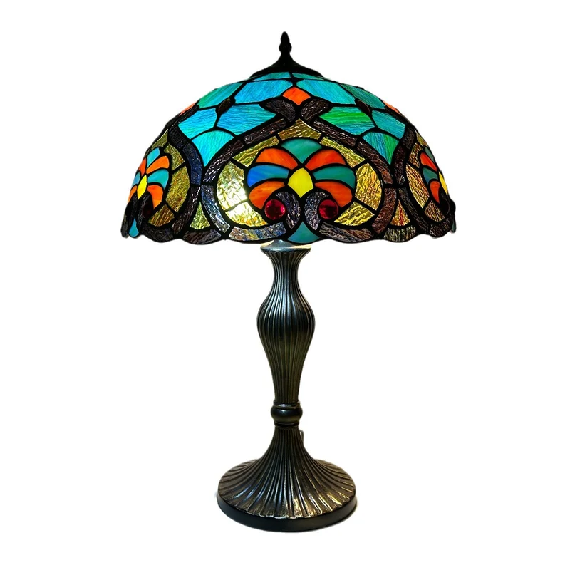 Traditional Tiffany Lines Flower Pattern Resin Glass 2-Light Table Lamp For Bedroom