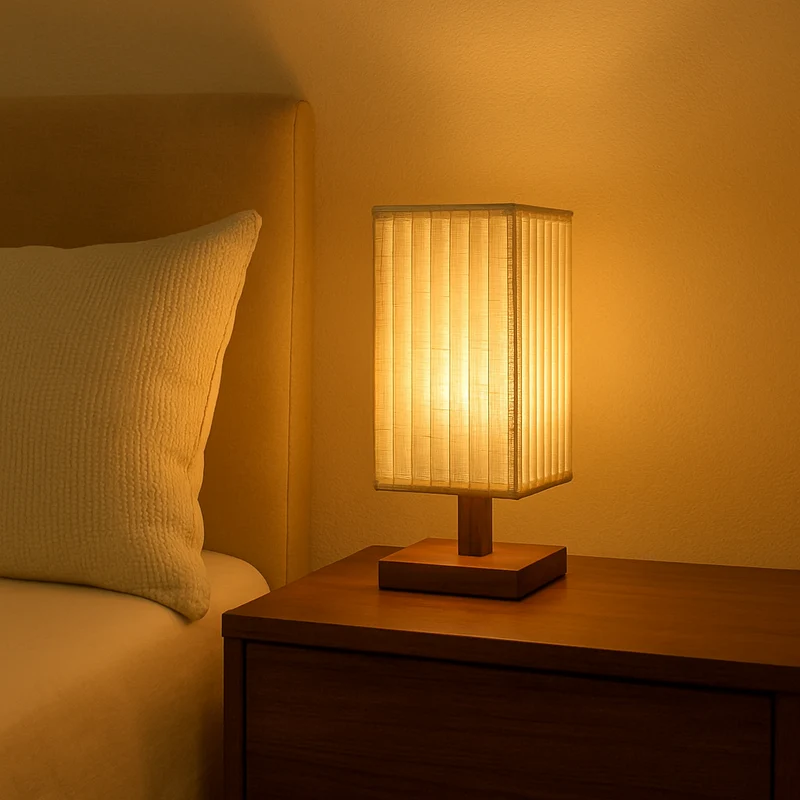 Traditional Japanese Walnut Fabric Square Column 1-Light Table Lamp For Living Room & Bedroom