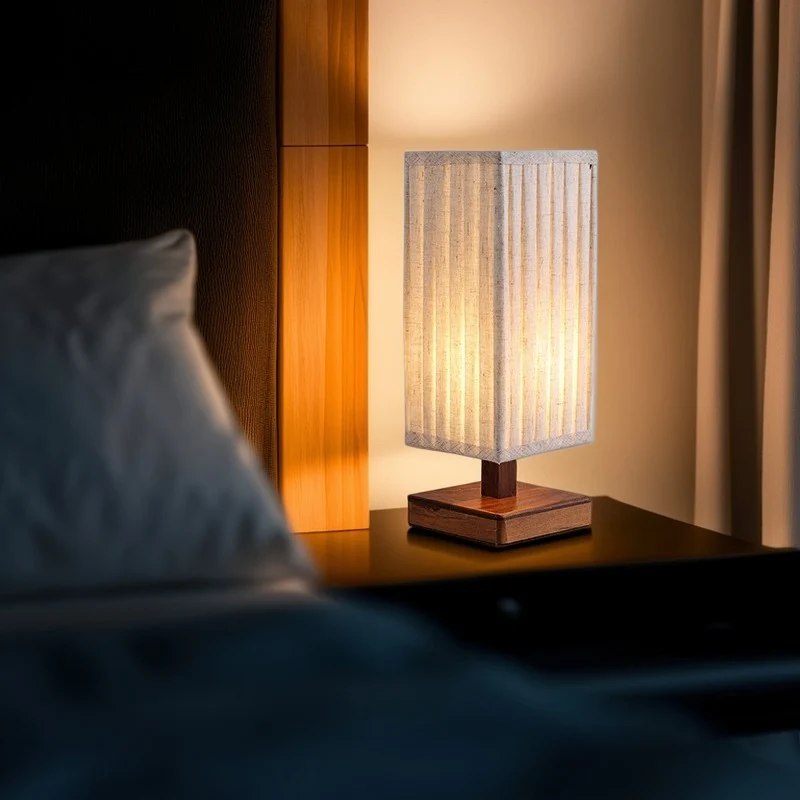 Traditional Japanese Walnut Fabric Square Column 1-Light Table Lamp For Living Room & Bedroom