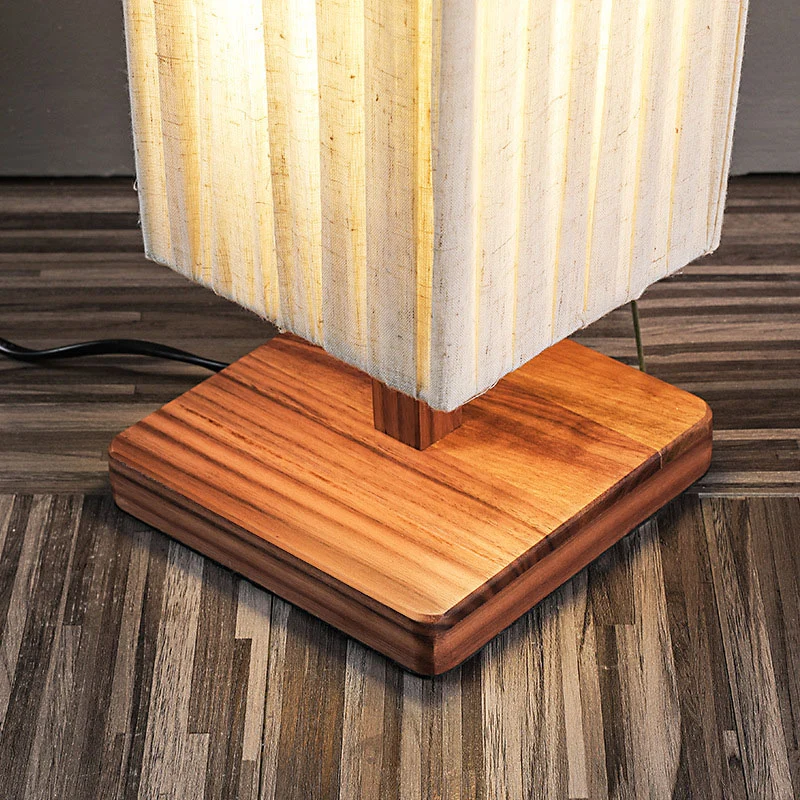 Traditional Japanese Walnut Fabric Square Column 1-Light Table Lamp For Living Room & Bedroom