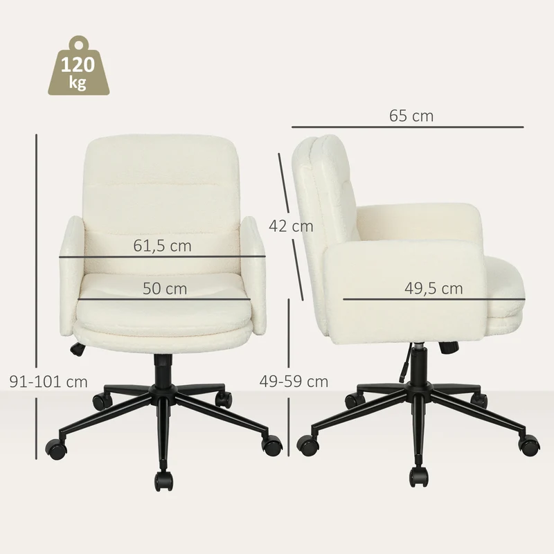 Cadeira de Escritório Cadeira Giratória com Altura Ajustável Função de Reclinação 61,5x65x91-101 cm Creme