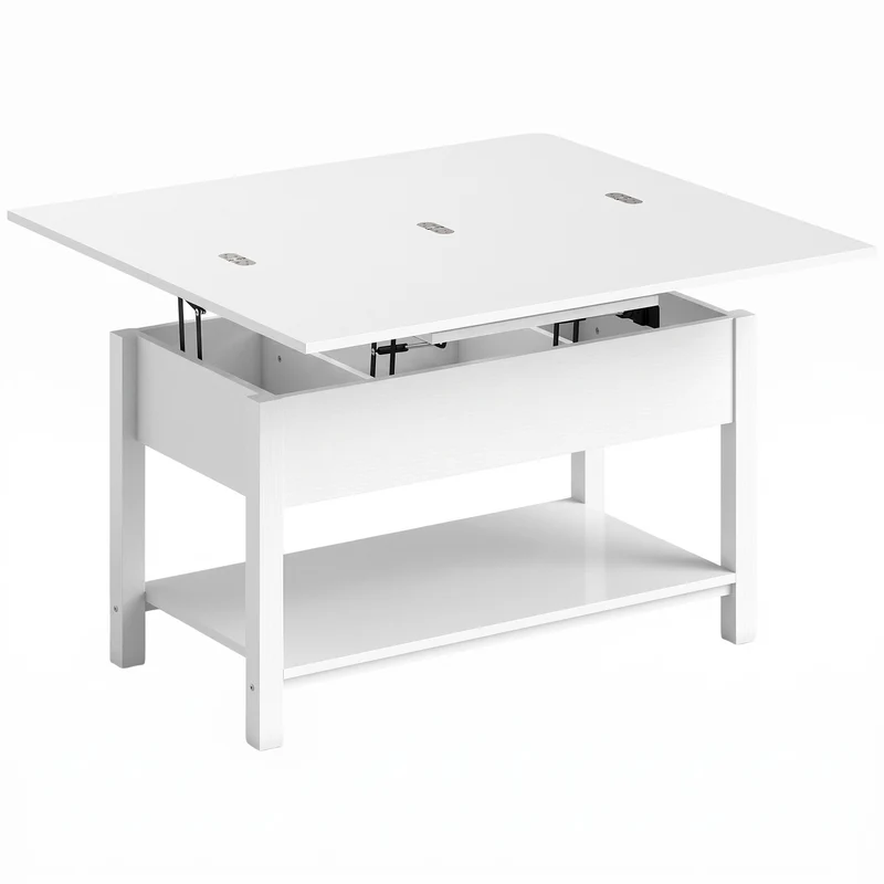Mesa de Centro Elevatória e Extensível Mesa de Sala com Compartimento Oculto Prateleira Aberta 100x45x50,5 cm Branco