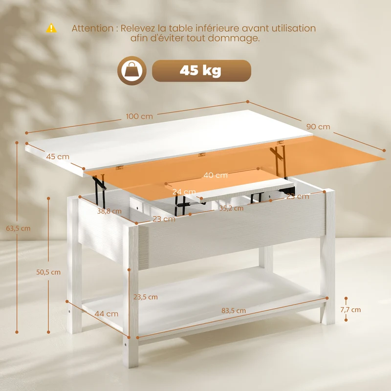 Mesa de Centro Elevatória e Extensível Mesa de Sala com Compartimento Oculto Prateleira Aberta 100x45x50,5 cm Branco