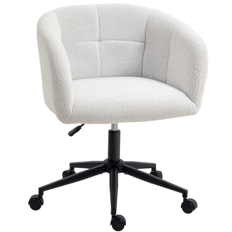 Cadeira de escritório estofada com revestimento aveludado, design em concha, cadeira de escritório com rodas, base em aço, Creme+Preto