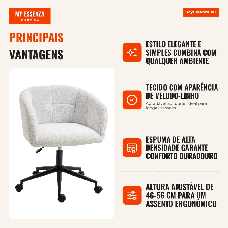 Cadeira de escritório estofada com revestimento aveludado, design em concha, cadeira de escritório com rodas, base em aço, Creme+Preto