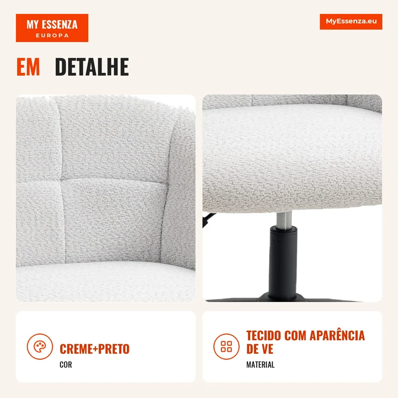 Cadeira de escritório estofada com revestimento aveludado, design em concha, cadeira de escritório com rodas, base em aço, Creme+Preto