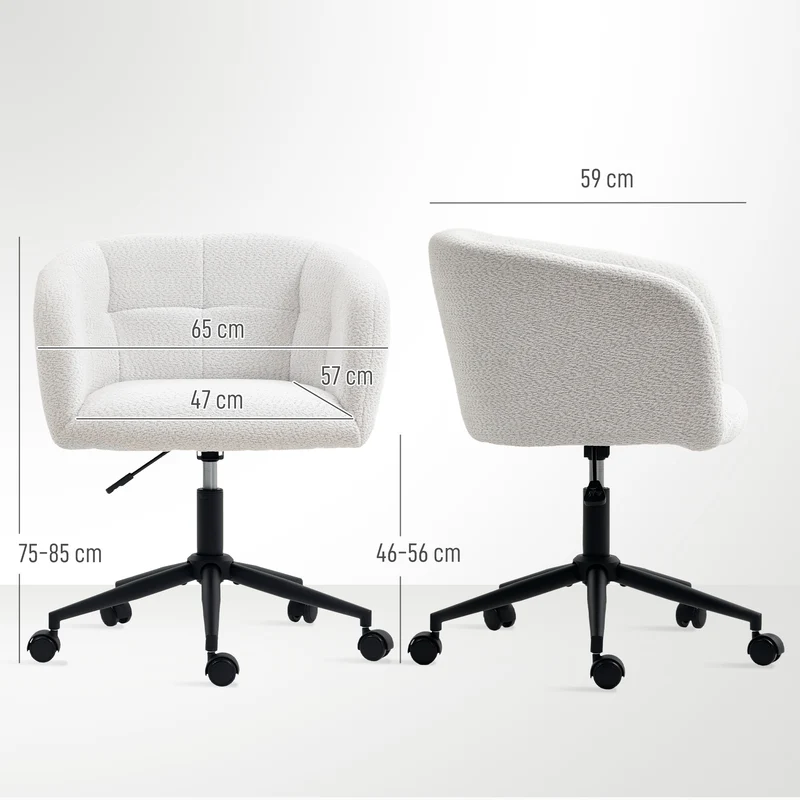 Cadeira de escritório estofada com revestimento aveludado, design em concha, cadeira de escritório com rodas, base em aço, Creme+Preto