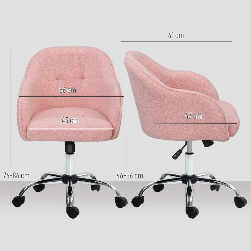 Cadeira de escritório, poltrona de escritório ergonómica, altura ajustável, assento e encosto acolchoados, rosa
