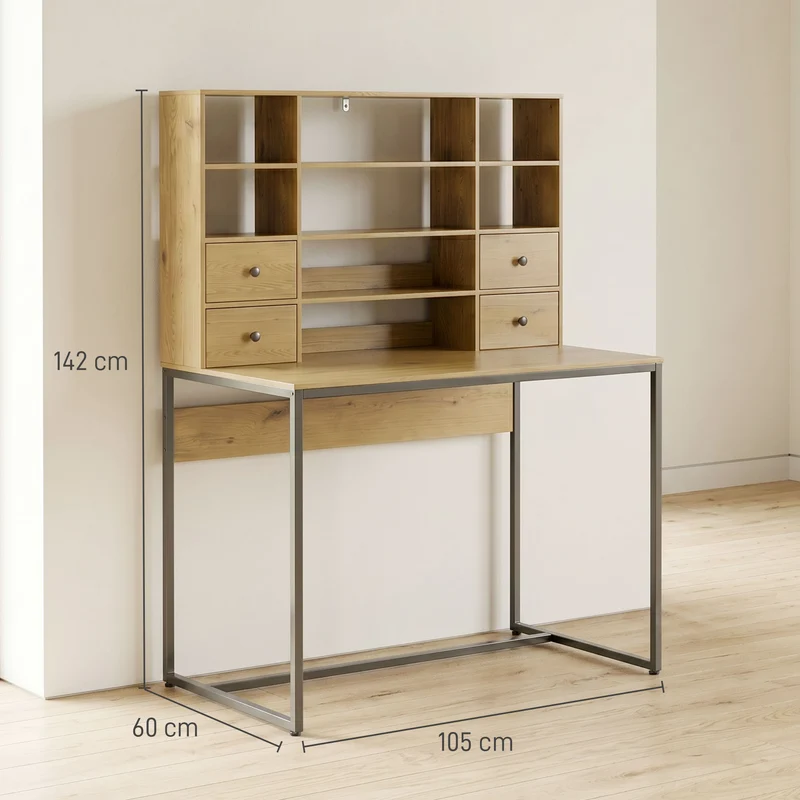 Mesa de Computador com 4 Gavetas 105x60 cm Mesa com Armazenamento Prateleiras Abertas 105x60 cm Madeira Natural