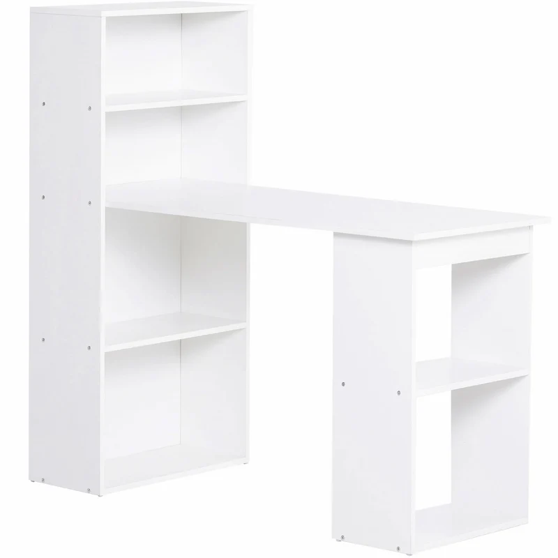 Secretária Mesa de Escritório Mesa de Computador, 2 Estantes, 5 Prateleiras, 120 cm x 55 cm x 120 cm, Branco