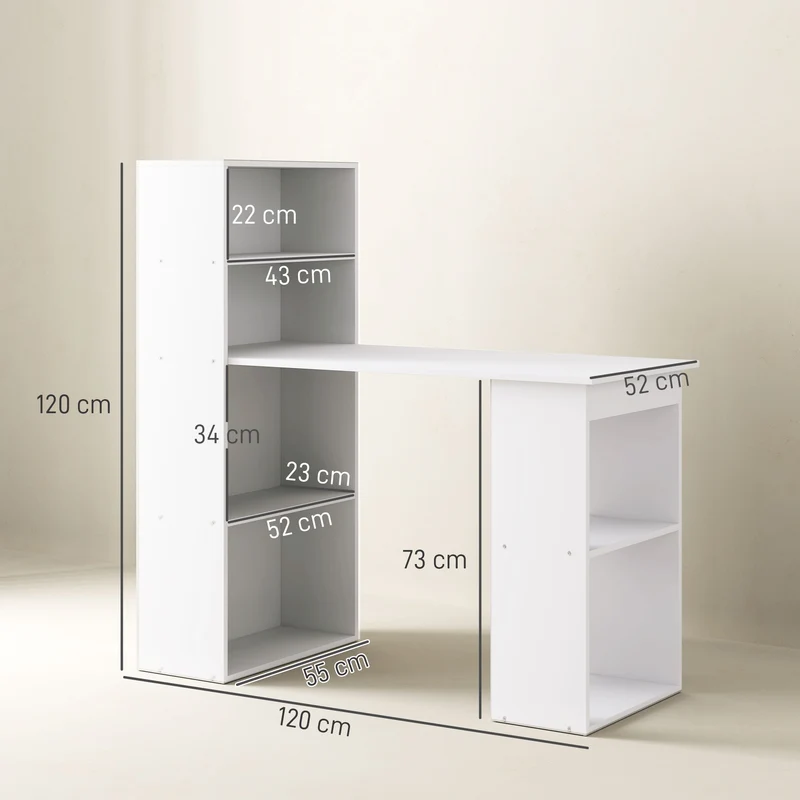Secretária Mesa de Escritório Mesa de Computador, 2 Estantes, 5 Prateleiras, 120 cm x 55 cm x 120 cm, Branco