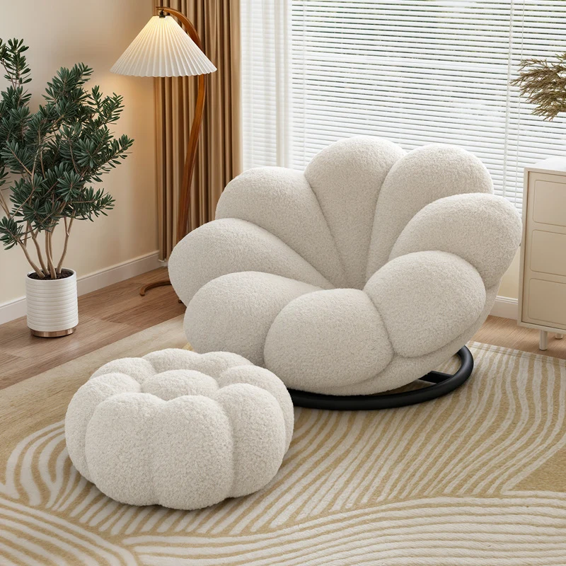 Contemporary Nordic Teddy Fleece Iron Petal-Shaped Swivel Lounge Chair With Backrest & Footrest For Living Room & Bedroom