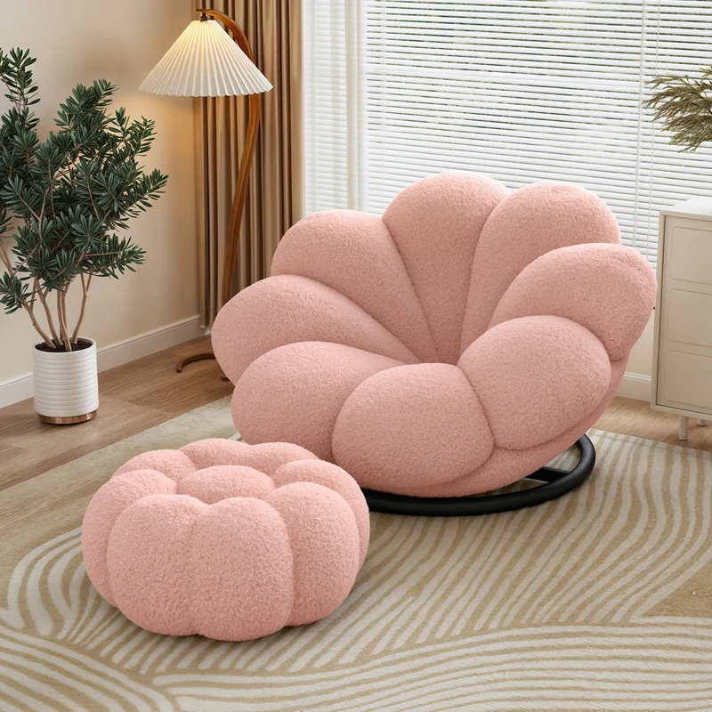 Contemporary Nordic Teddy Fleece Iron Petal-Shaped Swivel Lounge Chair With Backrest & Footrest For Living Room & Bedroom