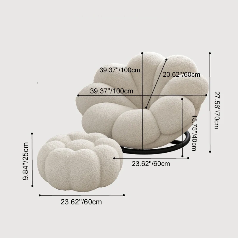 Contemporary Nordic Teddy Fleece Iron Petal-Shaped Swivel Lounge Chair With Backrest & Footrest For Living Room & Bedroom