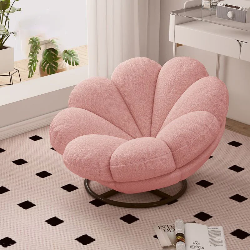 Contemporary Nordic Teddy Fleece Iron Petal-Shaped Swivel Lounge Chair With Backrest & Footrest For Living Room & Bedroom
