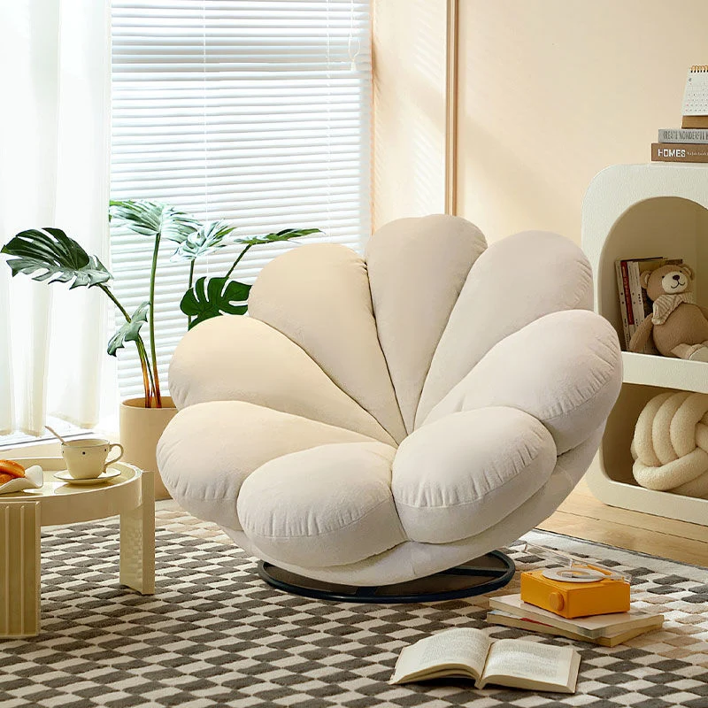Contemporary Nordic Teddy Fleece Iron Petal-Shaped Swivel Lounge Chair With Backrest & Footrest For Living Room & Bedroom