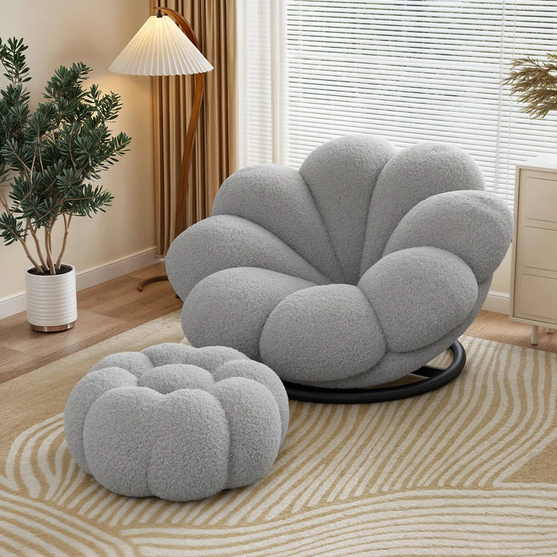 Contemporary Nordic Teddy Fleece Iron Petal-Shaped Swivel Lounge Chair With Backrest & Footrest For Living Room & Bedroom