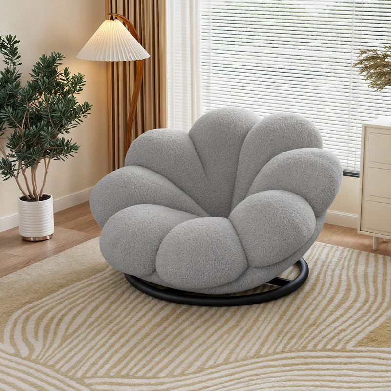 Contemporary Nordic Teddy Fleece Iron Petal-Shaped Swivel Lounge Chair With Backrest & Footrest For Living Room & Bedroom