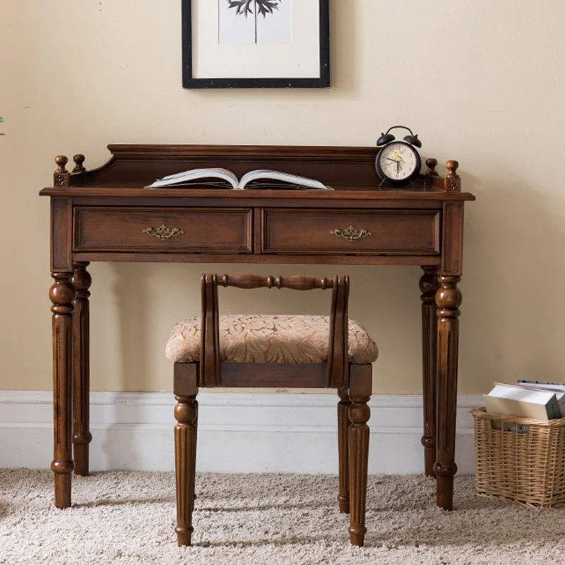 Traditional Vintage Rubberwood Veneered Plywood Metal Rectangle Carved Desk 2-Drawer For Bedroom