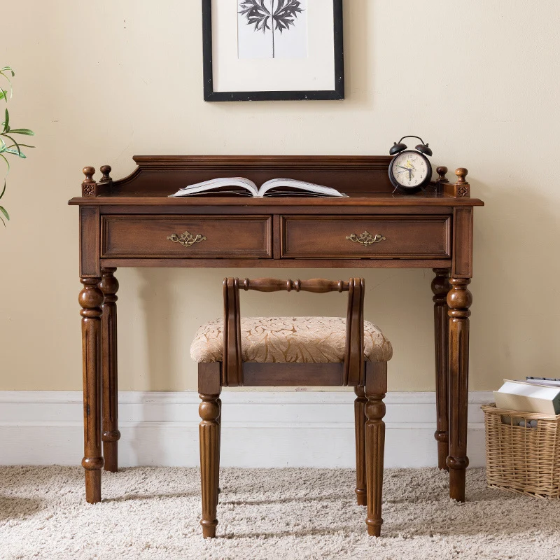 Traditional Vintage Rubberwood Veneered Plywood Metal Rectangle Carved Desk 2-Drawer For Bedroom