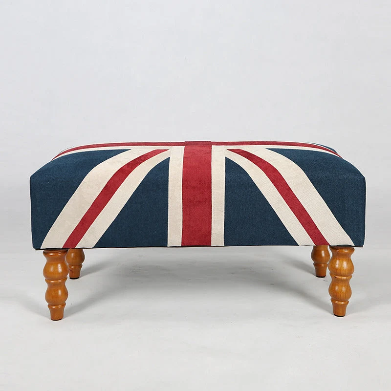 Traditional Vintage Union Jack Turned Wooden Legs Solid Wood Velvet Bench For Entryway