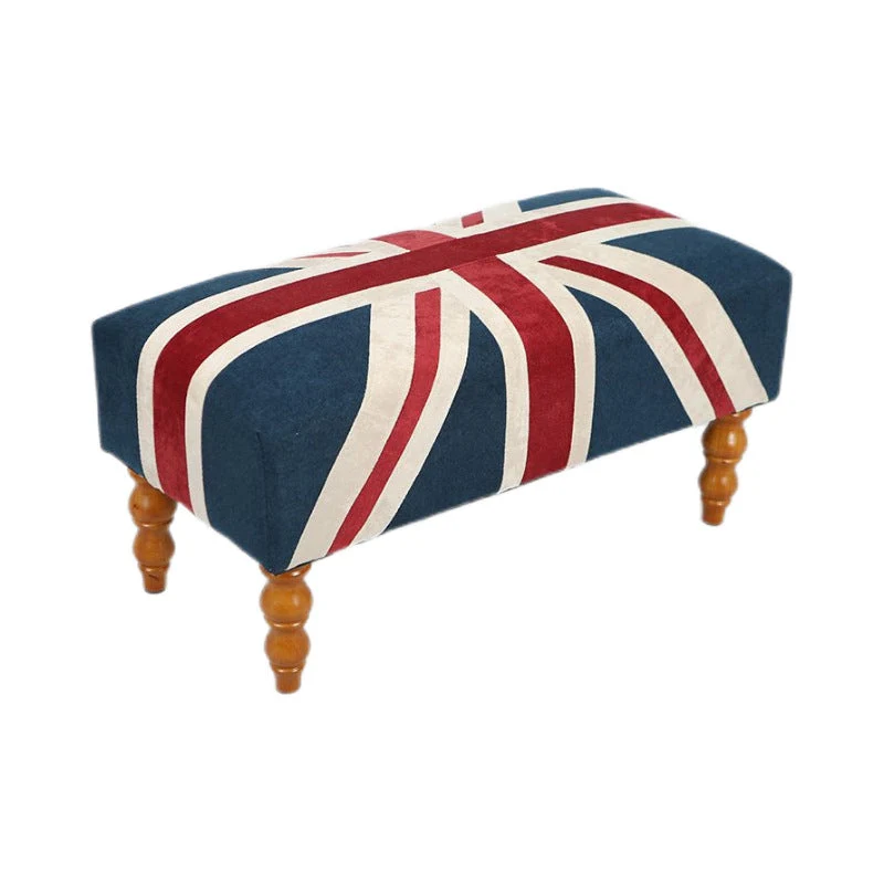 Traditional Vintage Union Jack Turned Wooden Legs Solid Wood Velvet Bench For Entryway
