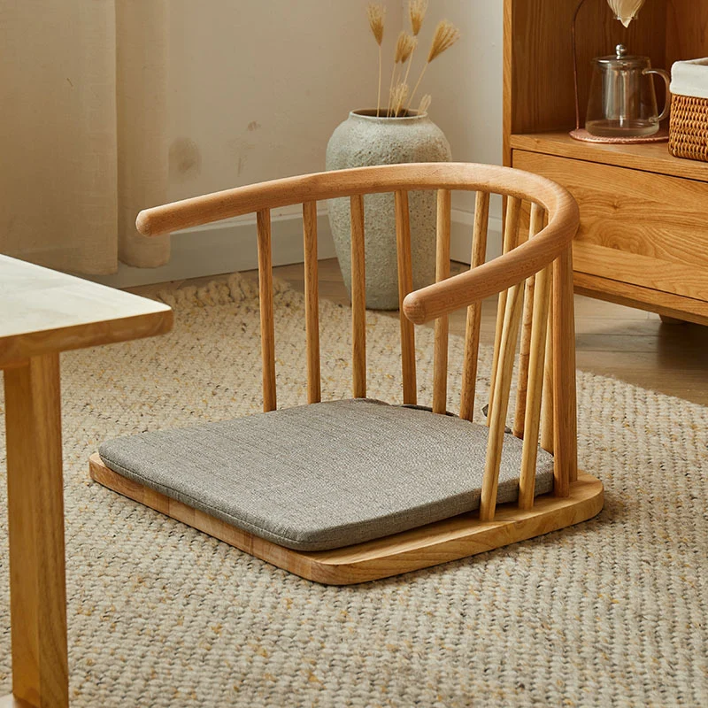 Traditional Japanese Cotton-Linen Rubberwood Curved Floor Chair With Backrest For Living Room
