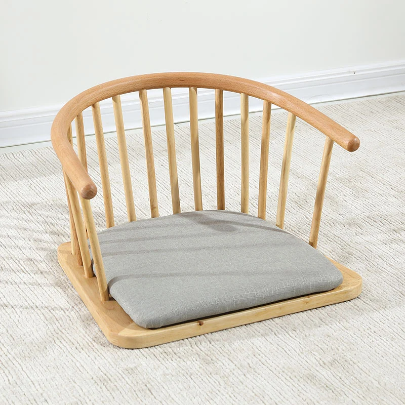 Traditional Japanese Cotton-Linen Rubberwood Curved Floor Chair With Backrest For Living Room