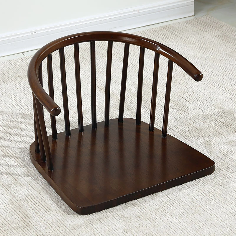 Traditional Japanese Cotton-Linen Rubberwood Curved Floor Chair With Backrest For Living Room