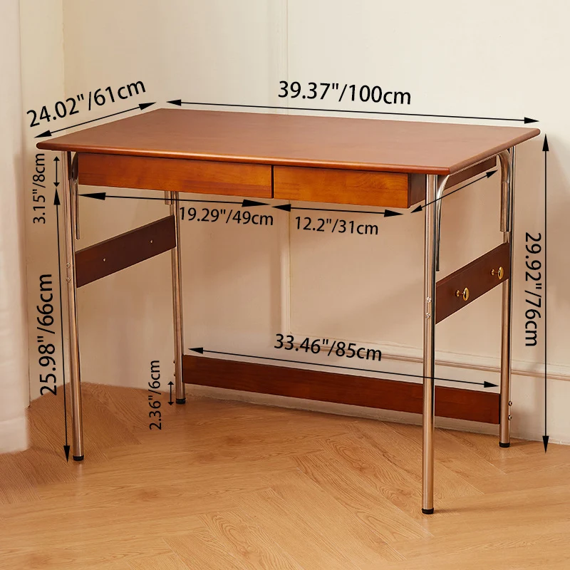 Traditional Vintage Rectangular Rubberwood Pine Wood Stainless Steel Desk 2-Drawer For Study