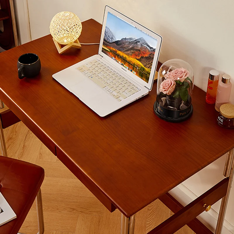 Traditional Vintage Rectangular Rubberwood Pine Wood Stainless Steel Desk 2-Drawer For Study