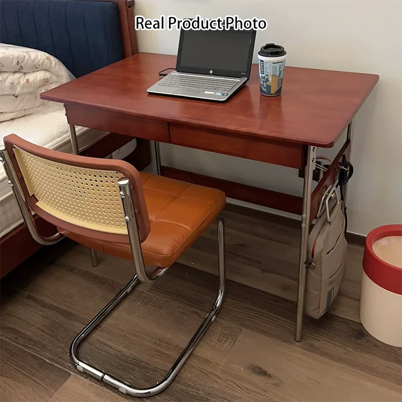 Traditional Vintage Rectangular Rubberwood Pine Wood Stainless Steel Desk 2-Drawer For Study