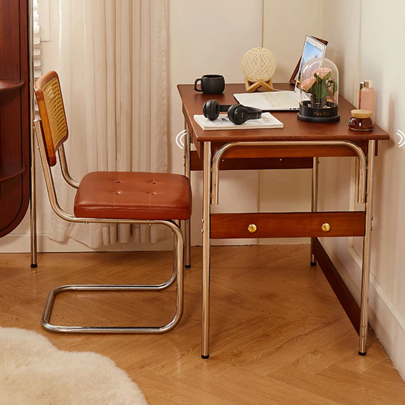 Traditional Vintage Rectangular Rubberwood Pine Wood Stainless Steel Desk 2-Drawer For Study