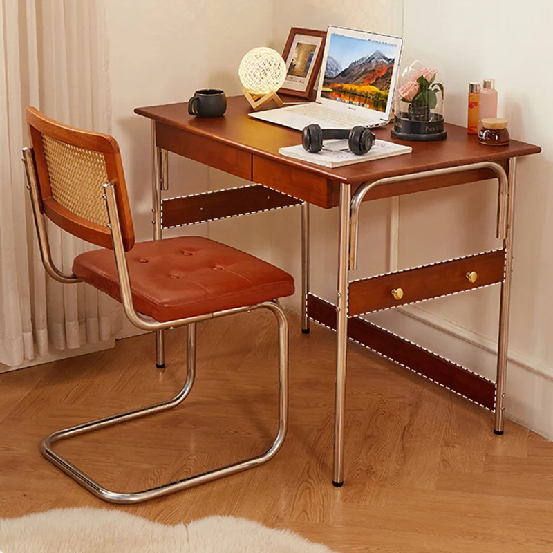 Traditional Vintage Rectangular Rubberwood Pine Wood Stainless Steel Desk 2-Drawer For Study