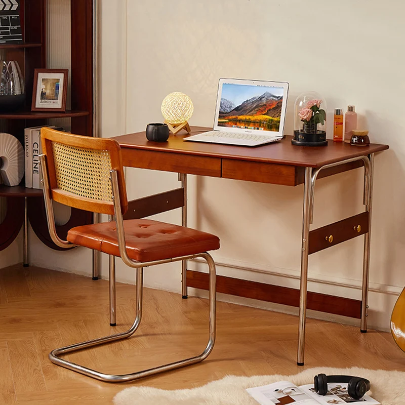 Traditional Vintage Rectangular Rubberwood Pine Wood Stainless Steel Desk 2-Drawer For Study