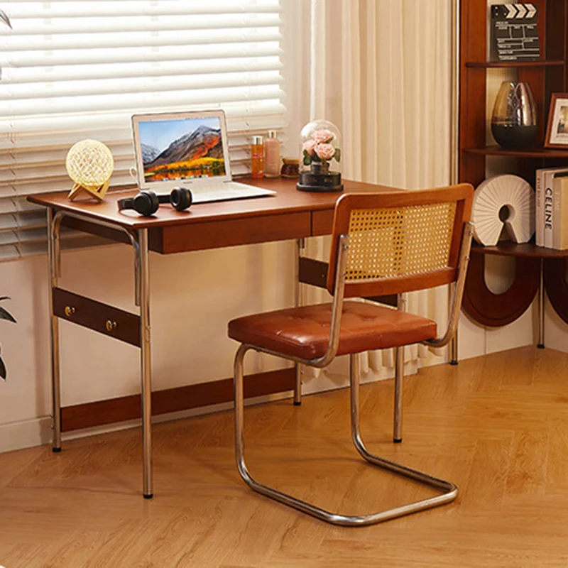 Traditional Vintage Rectangular Rubberwood Pine Wood Stainless Steel Desk 2-Drawer For Study