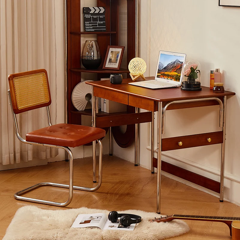 Traditional Vintage Rectangular Rubberwood Pine Wood Stainless Steel Desk 2-Drawer For Study