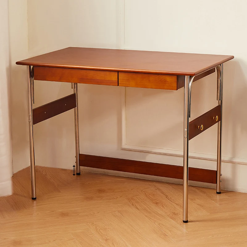 Traditional Vintage Rectangular Rubberwood Pine Wood Stainless Steel Desk 2-Drawer For Study