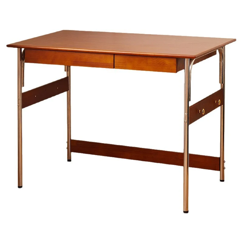 Traditional Vintage Rectangular Rubberwood Pine Wood Stainless Steel Desk 2-Drawer For Study