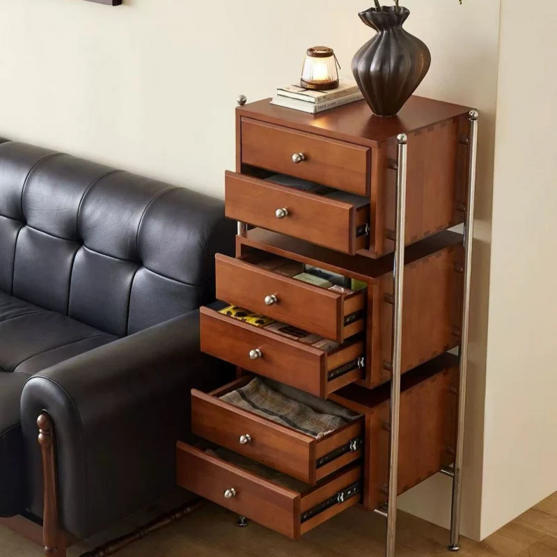 Contemporary Retro Square Solid Wood Stainless Steel Storage Cabinet 6-Drawer For Living Room