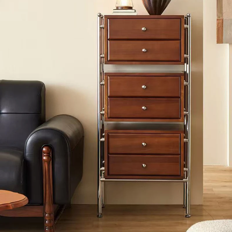 Contemporary Retro Square Solid Wood Stainless Steel Storage Cabinet 6-Drawer For Living Room